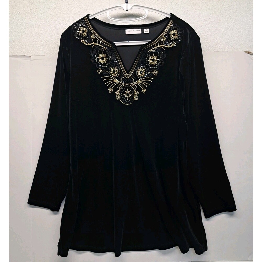 Susan Graver Embellished Beaded 3/4 Sleeve Velvet Black Women's XL Top - Picture 1 of 8